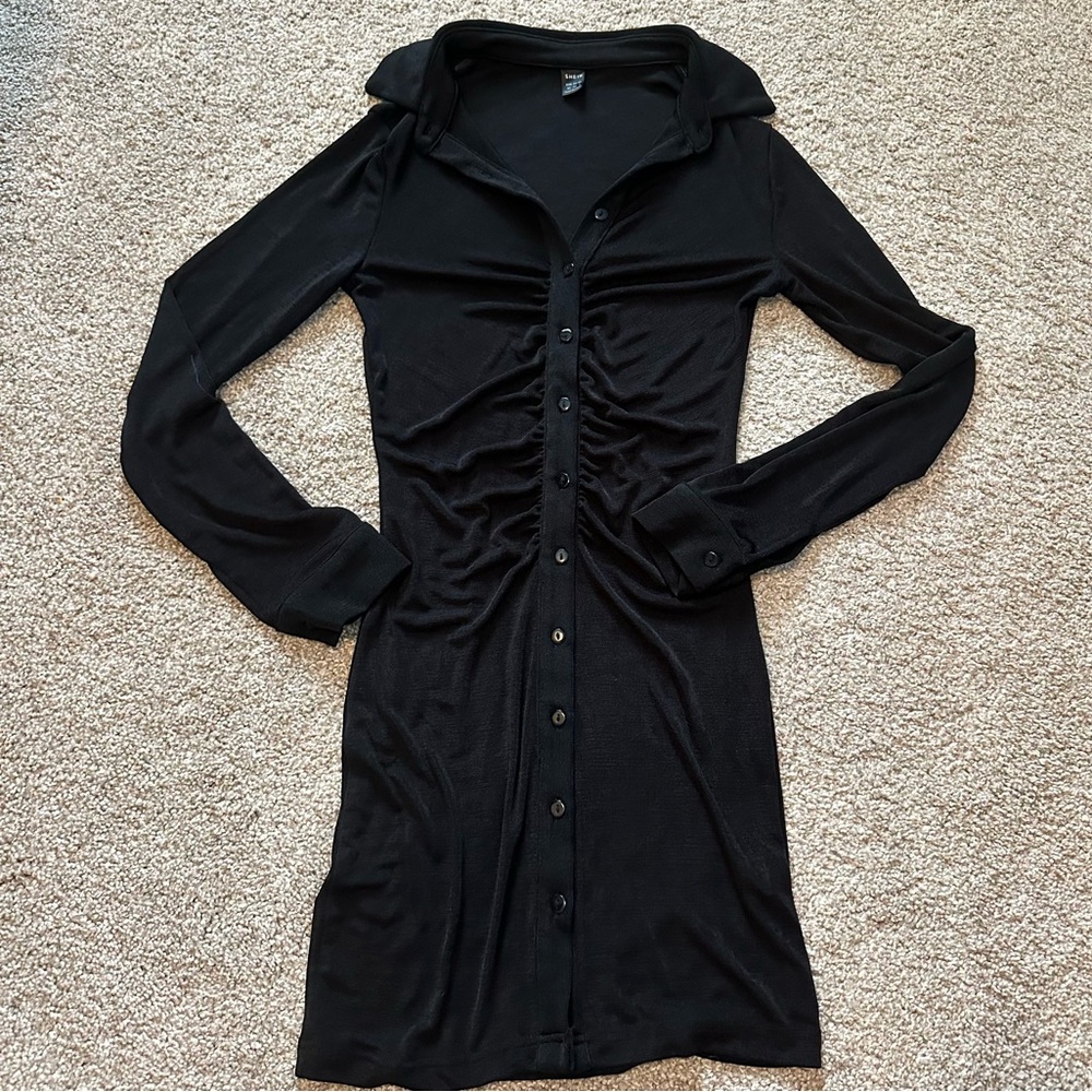NWOT SHEIN Long Sleeve Button Down Ruched Mini Collared Black Dress Size XS